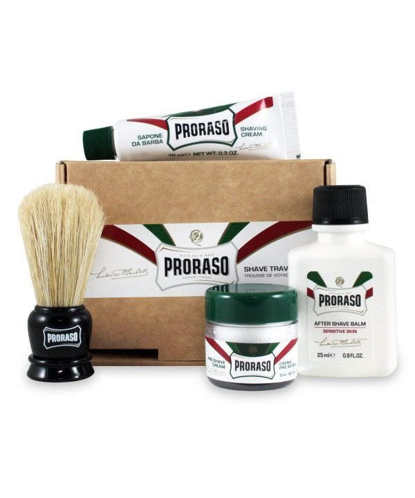 Proraso Travel Shave Kit - Shaving Brush Mini, Pre-Shave Cream 15ml, Shaving Cream 10ml, After Shave Balm 25ml